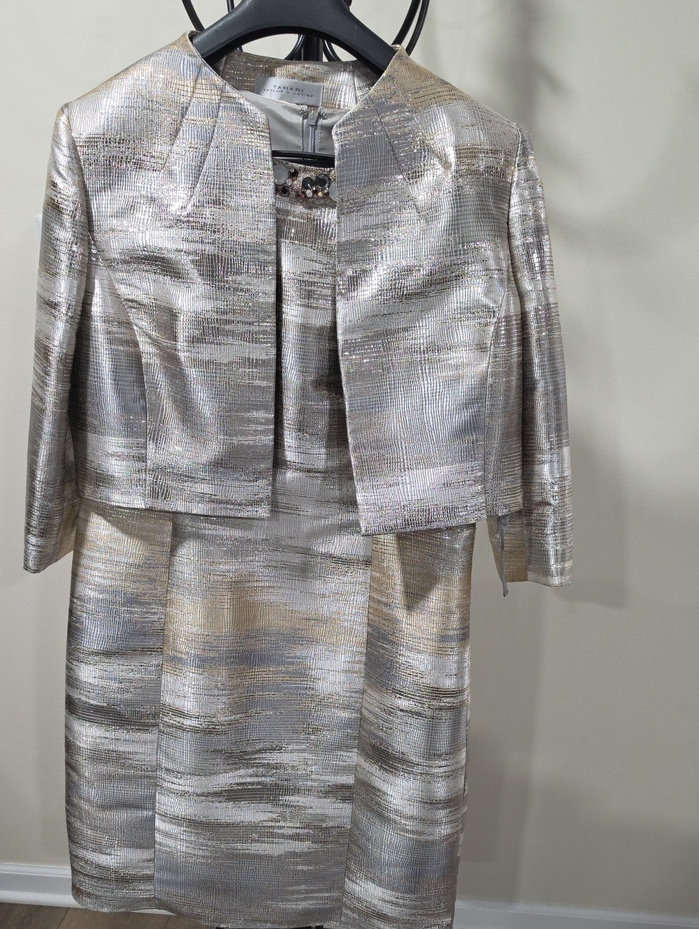 Tahari Metallic Silver Two-Piece Midi Dress and Jacket Set